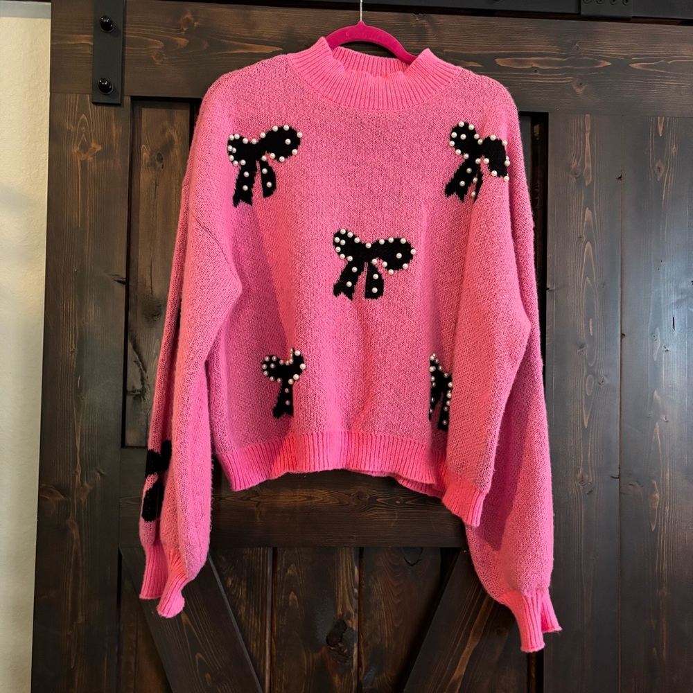 ❗️FINAL❗️SHEIN Pink Sweater with Black Bow and Pearl Accents XL